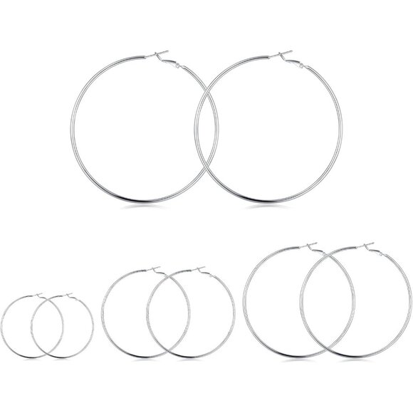 Jewelry - 4 Pairs Sterling Silver Hoop Earrings Set - 14k White Gold Plated, Sizes 30-60mm